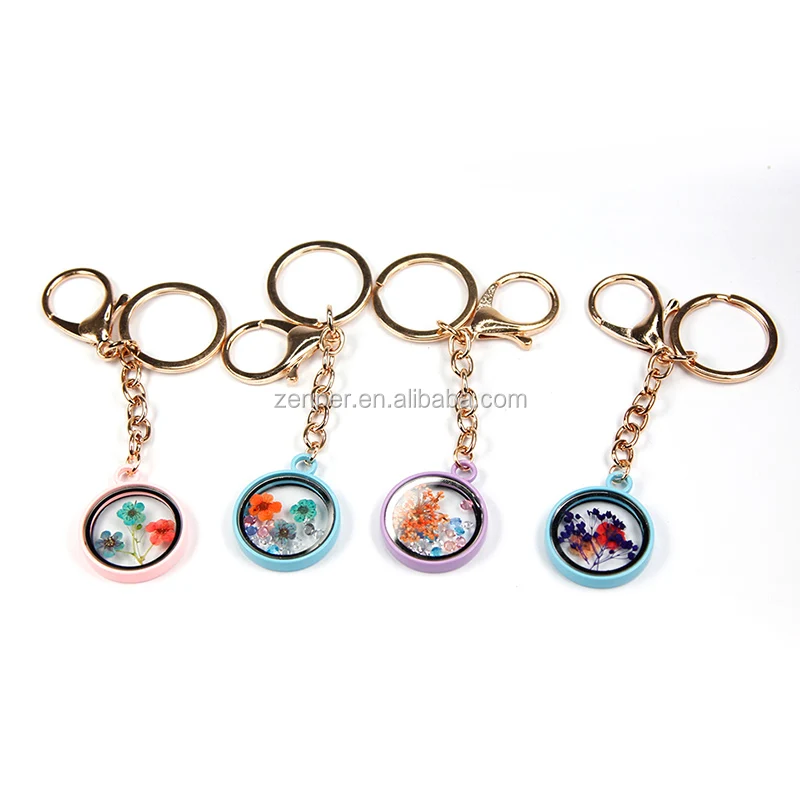 Charm Dry Flower Frame Glass Locket Key Chain Carabiner Rose Gold Metal