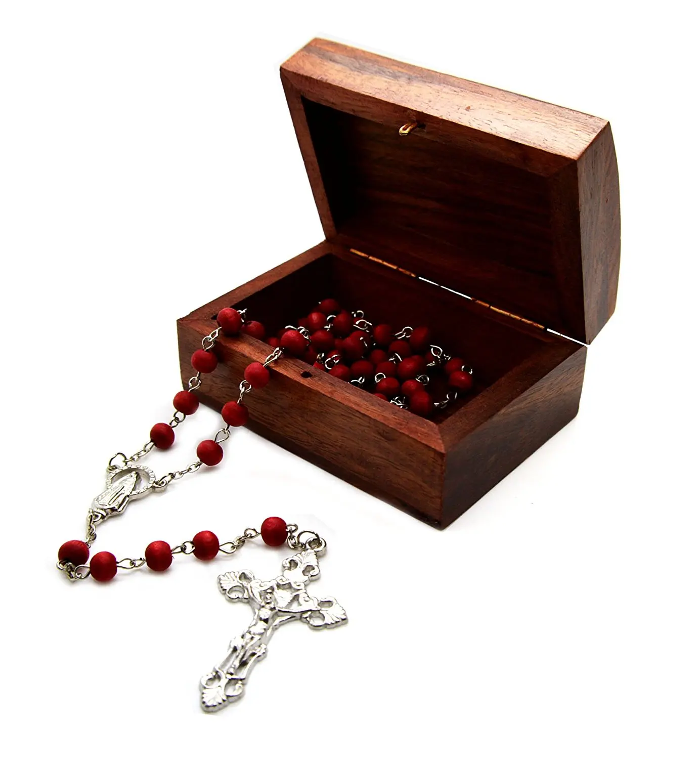 Catholic Rose Scented Wood Carved Rose Petal Rosary 7 Mm Bead and Wooden Hand Carved Rosary Box Wood Decorative Box