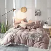 Four-Piece Embroidered Cotton Linen Bedding Set Flowers Floral Plain Beautiful Colors Ruffled Border