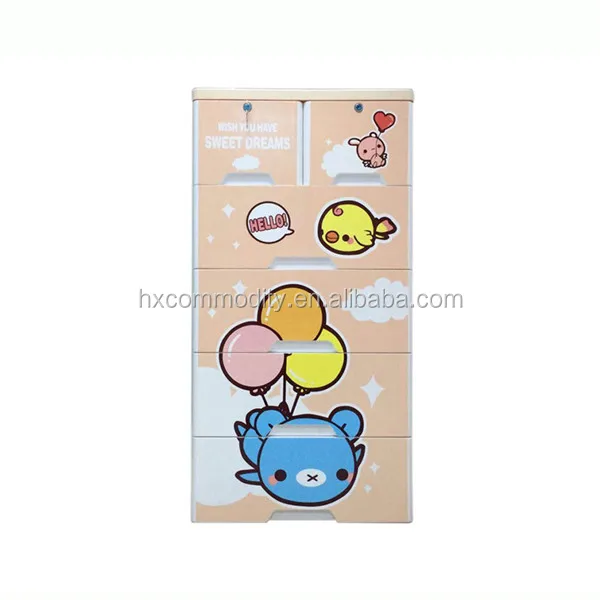 Cute cartoon printing baby closet wardrobe cabinet 5 layer large plastic storage drawer