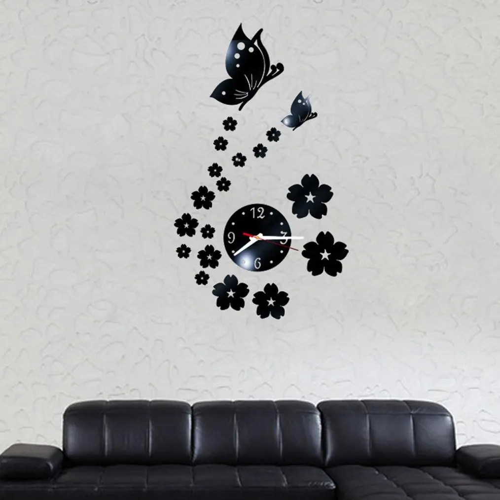 Rumas Butterfly Removable Diy Acrylic 3D Mirror Wall Sticker Decorative Clock (Black)