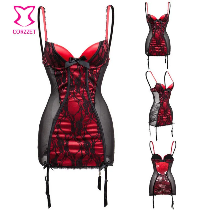Corzzet Red Satin Lace Nightwear Push Up Sexy Lingerie Plus Size