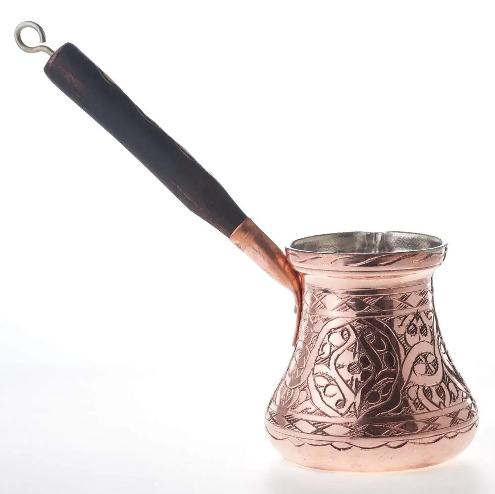 Thick 1 mm MisterCopper Thickest Premier Engraved Solid Copper Turkish Greek Arabic Coffee Pot Cezve Ibrik Briki with Wooden Handle Large - 11 Oz