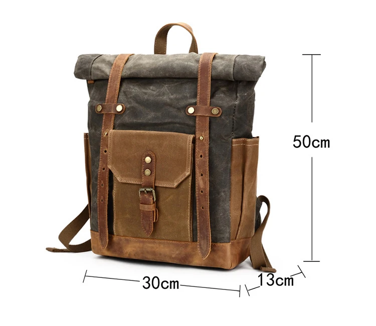 Vintage retro teenager daily brand high quality waxed canvas leather rucksack backpack bag water proof