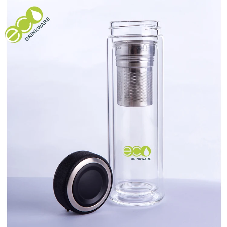 GA6015 Custom logo double wall borosilicate glass infuser drinking tea bottle with tea infuser leather feeling lid