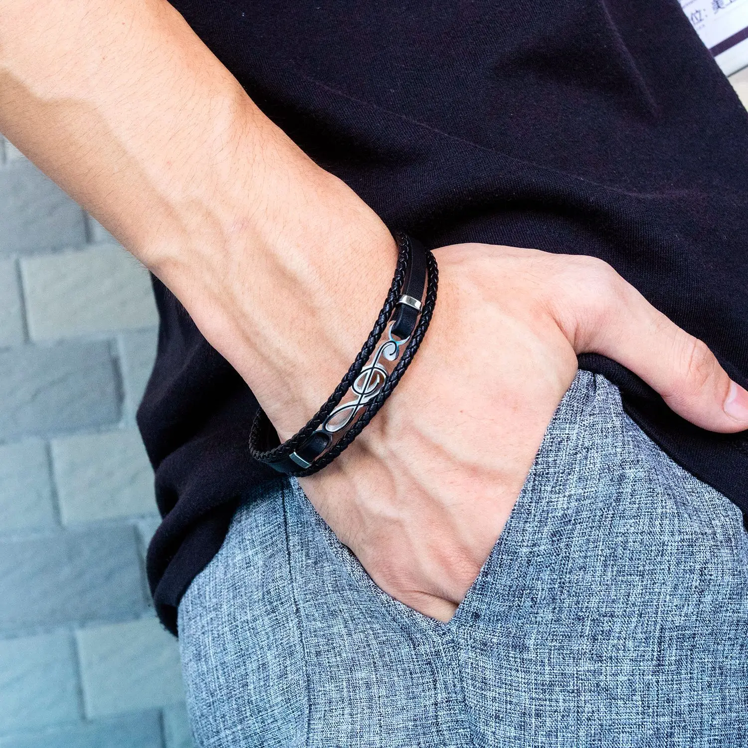 European Men's Simple Braided Leather Stainless Steel Bracelet Multi-Layer Wrist 