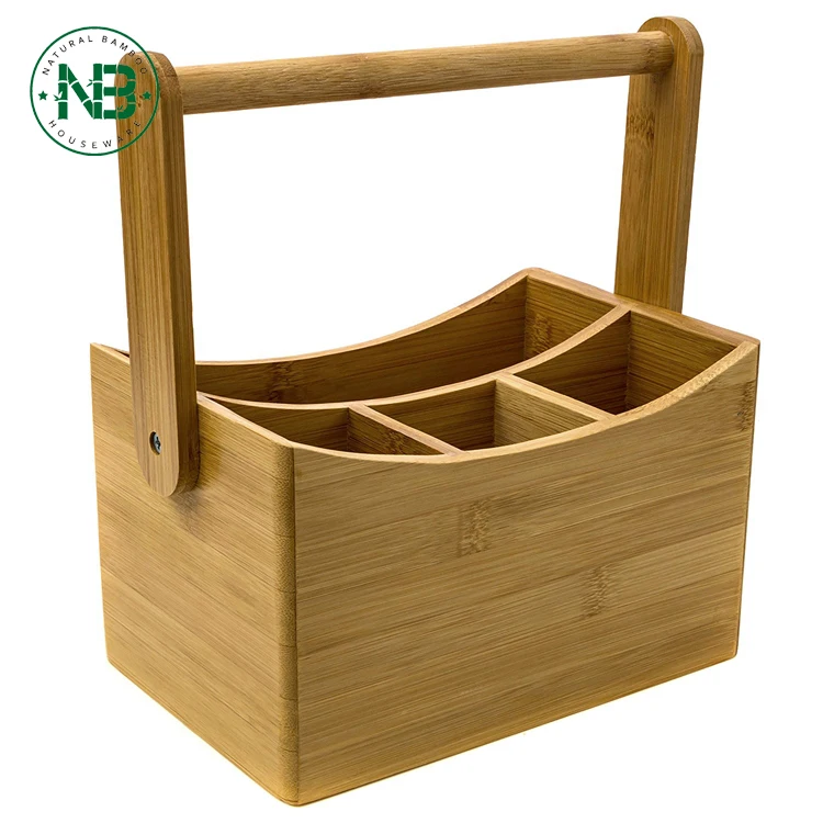Bamboo Flatware Cutlery Caddy With Swinging Handle For Utensil Holder