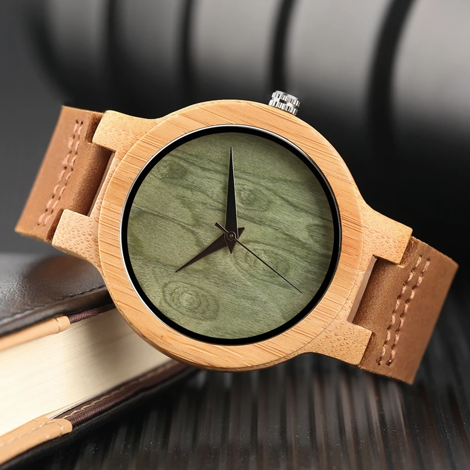 Orologio in legno con quadrante verde chiaro e marrone, minimalista, semplice, in legno, bambù naturale, per uomo e donna, in vera pelle, orologio da regalo Reloj de madera 2017 2018, regali per uomo (9)