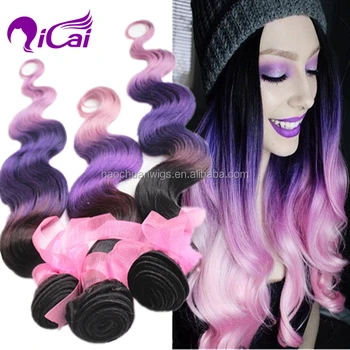 Ombre 3 Tone 1b Purple Pink Brazilian Virgin Remy Human Hair