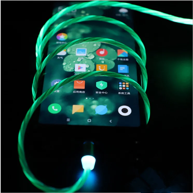 2019 New Fast Charging EL Glowing LED Magnetic 3 in 1 USB Cable for iPhone Type C Android