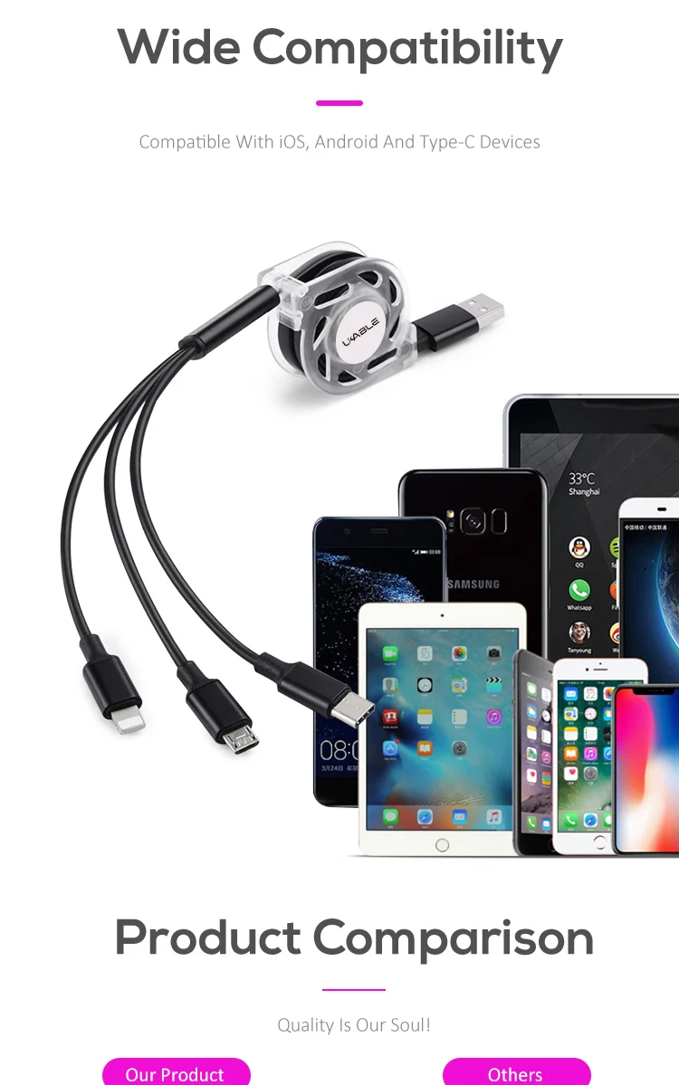 UCABLE free shipping mobile phone charger 3 in 1 fast charging micro usb data cable