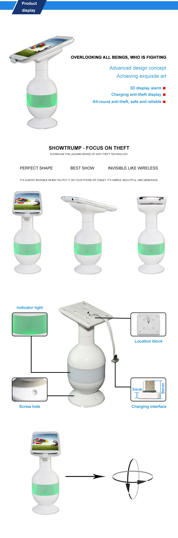 Mobile phone or tablet charging anti-theft 3d display alarm