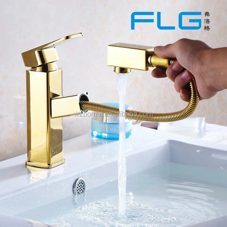 Salon Faucet Gold Brass Basin Tap Single Handle Bathroom Pull Out Sink