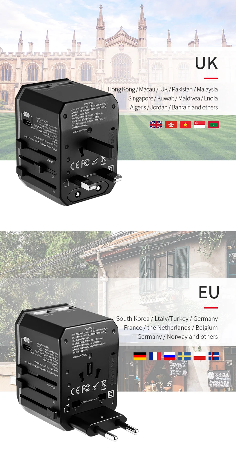 Earldom Universal Travel adapter plug Type C USB quick charger 42W PD adaptor power electrical plug outlet
