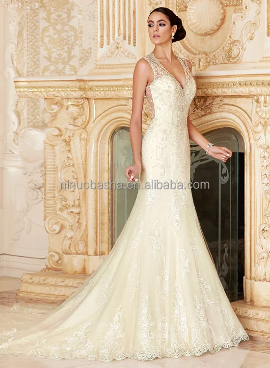 Expensive Heavily Beaded Mermaid Wedding Dress V Neck Sheer Back Expensive Heavily Beaded Mermaid Wedding Dress V Neck Sheer Back Long Tail Lace Bridal Gown