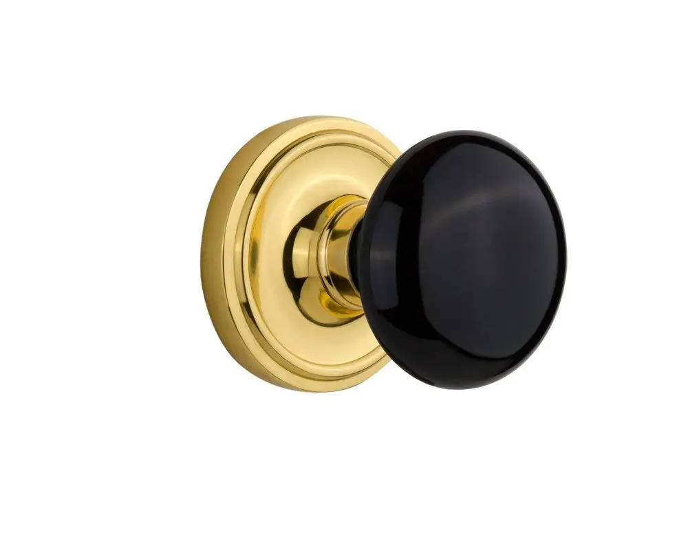 Nostalgic Warehouse Classic Rosette with Black Porcelain Door Knob, Passage - 2.375", Unlacquered Brass