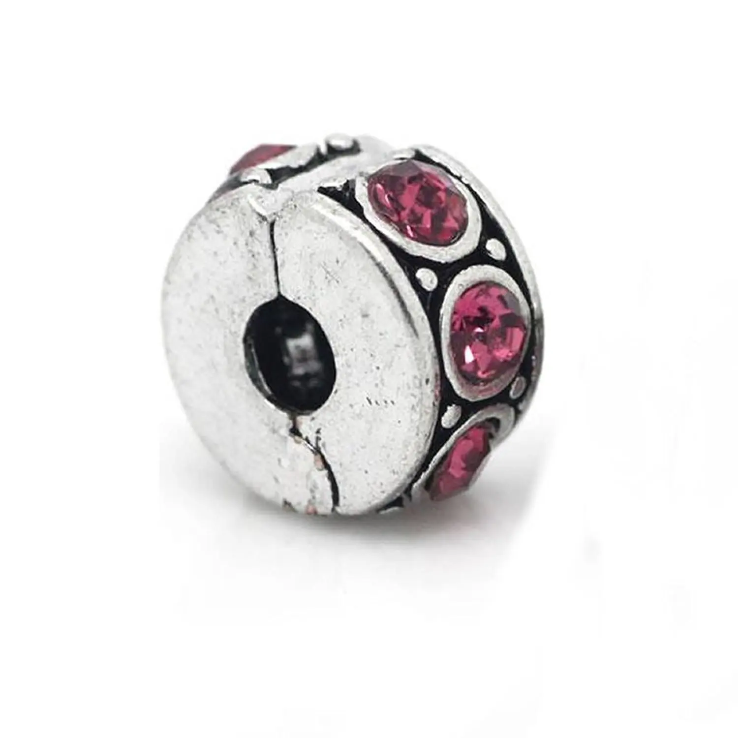 Clip Lock Stopper Bead with Pink Stones with 2 Clear Silicone Stopper For Snake Chain Charm Bracelet