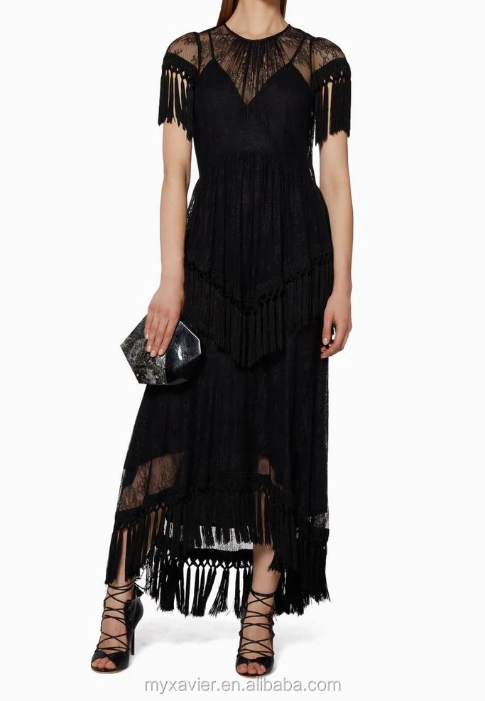 Elegant Piece Cut Tassel Dress And Two Tiered Hem Fringed Gown For