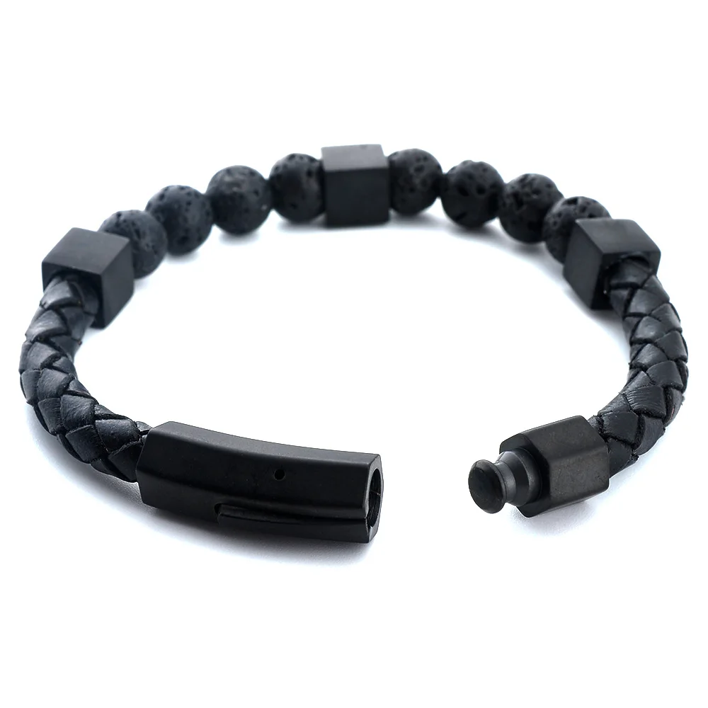 Wholesale Fashion Handmade High Quality Custom Jewelry Black Gemstone Natural Lava Stone Mens Leather Bead Bracelet