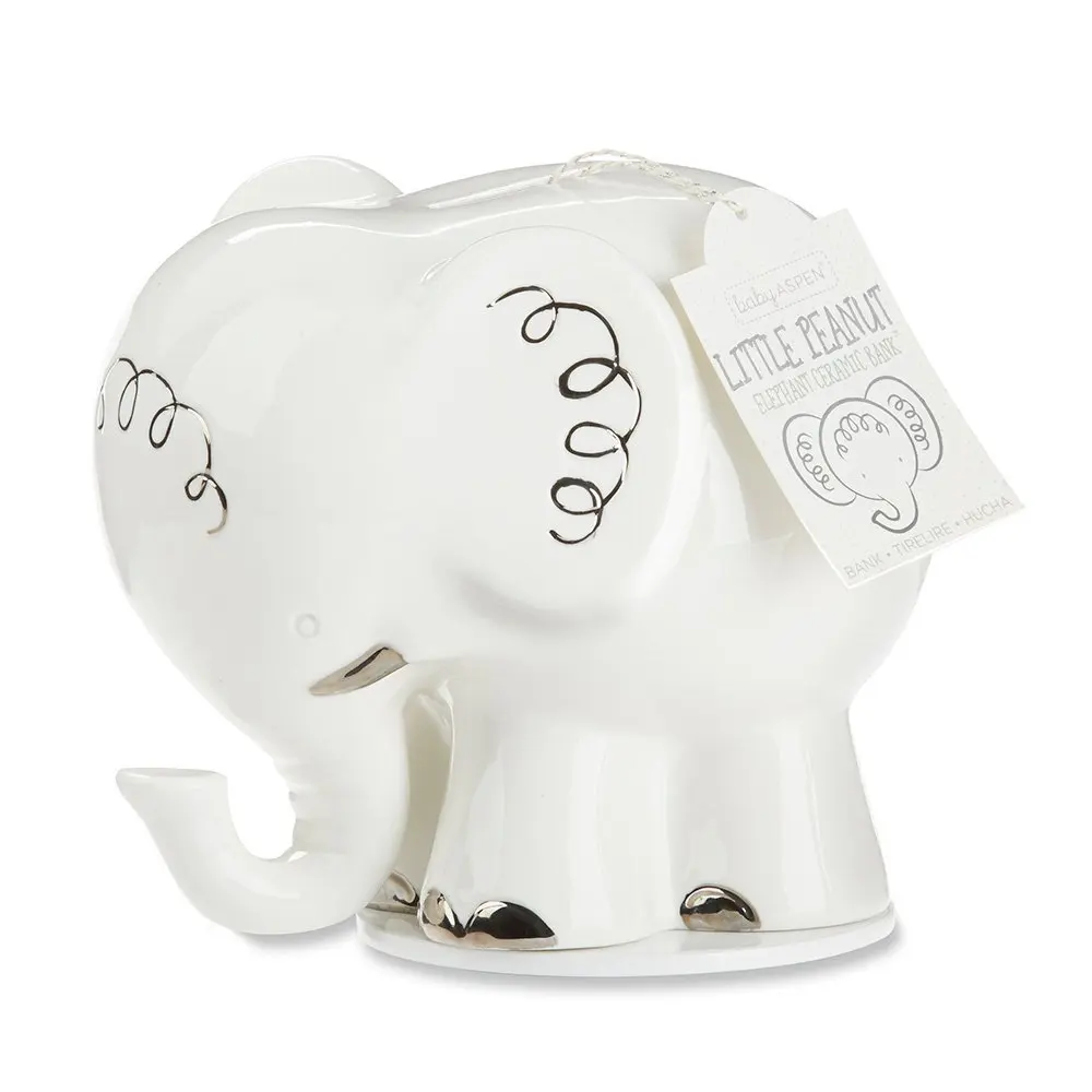 Baby Aspen Little Peanut Elephant Ceramic Bank, White/Silver