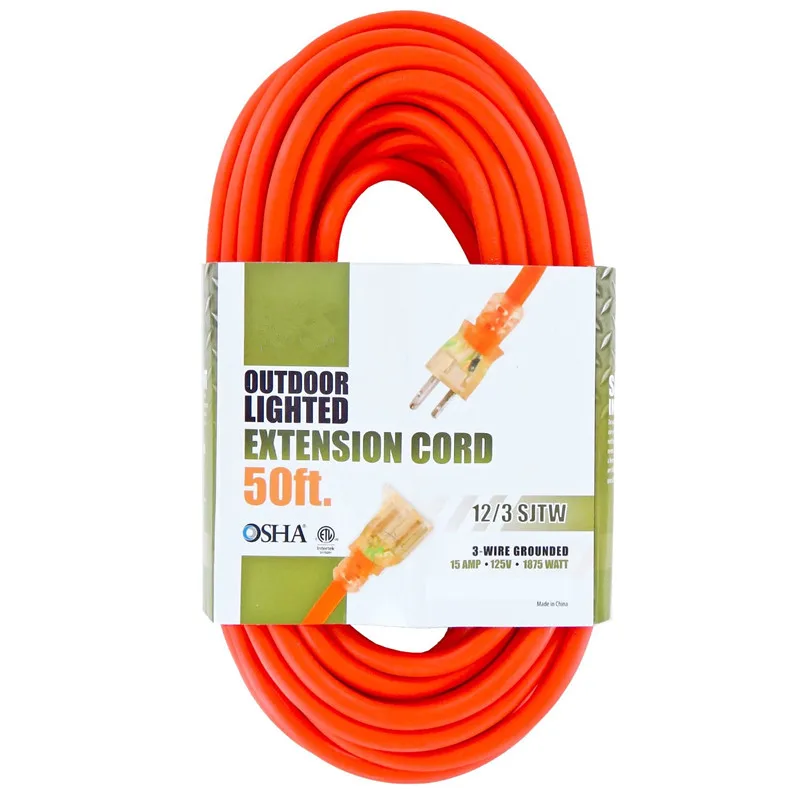 50 Ft Orange Extension Cord - 12/3 SJTW Heavy Duty Lighted Outdoor Extension Cable with 3 Prong Grounded Plug for Safety