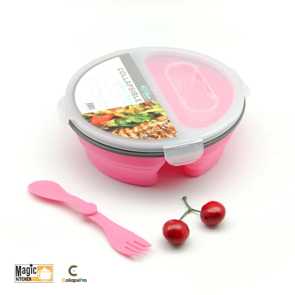 2-Compartment Round Collapsible Silicone Lunch Box Food Storage Container With Fork Spoon