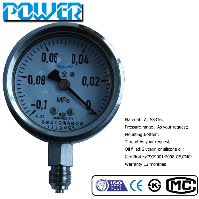 Factory Price Vacuum Pressure Gauge 60mm All Stainless Steel Glycerine