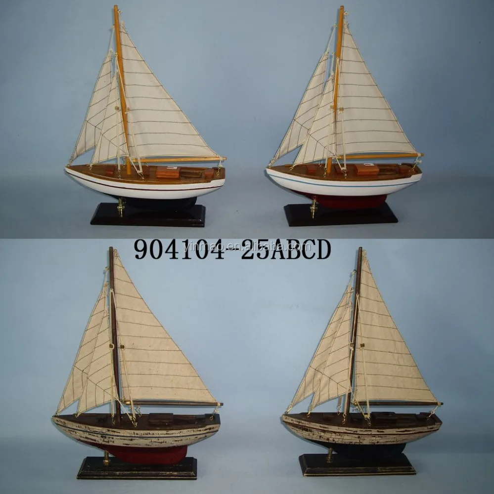 Set 4 Wooden Boat Model 25x6x35cm Small Sailboat Model Single Mast