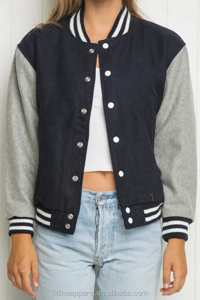 Womens New Autumn 100cotton Varsity Bomber Jacket Button Up Jacket With Ribbing Cuffs And Hem