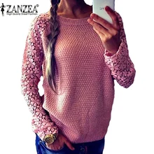 Hot 2015 New Fashion Womens Autumn Long Sleeve Round Neck Lace Crochet Hollow Out Pullover Knitted Sweater Tops Plus Size