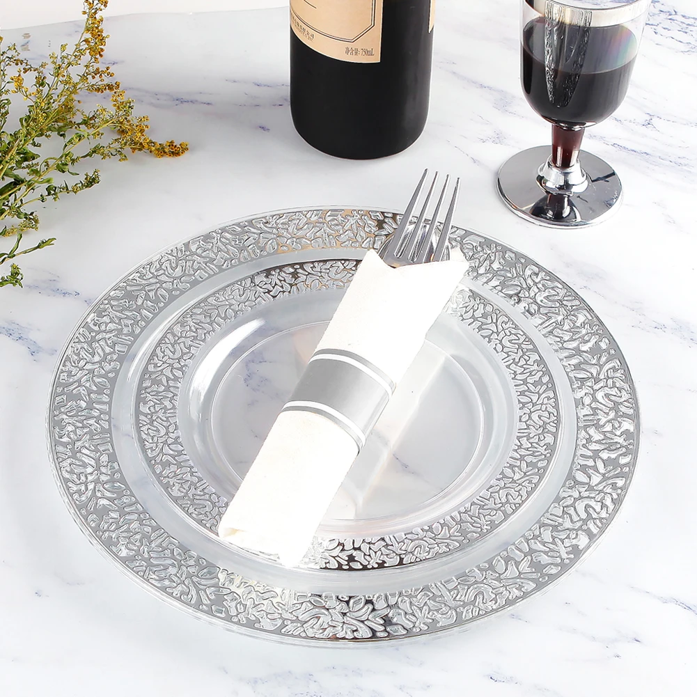 120piece Chunky Gold Glitter Disposable Plastic Luxury Wedding Plates