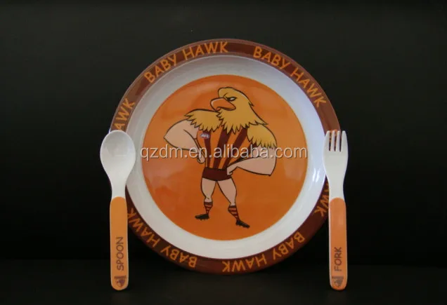 Round Melamine Dinner Plate With Fork And Spoon For Children