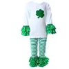 2018 ST Patrick's Day Kids Boutique Clothing, Girls Four Leaves Applique Kids Tops & Green striped Ruffle Legging Outfits.