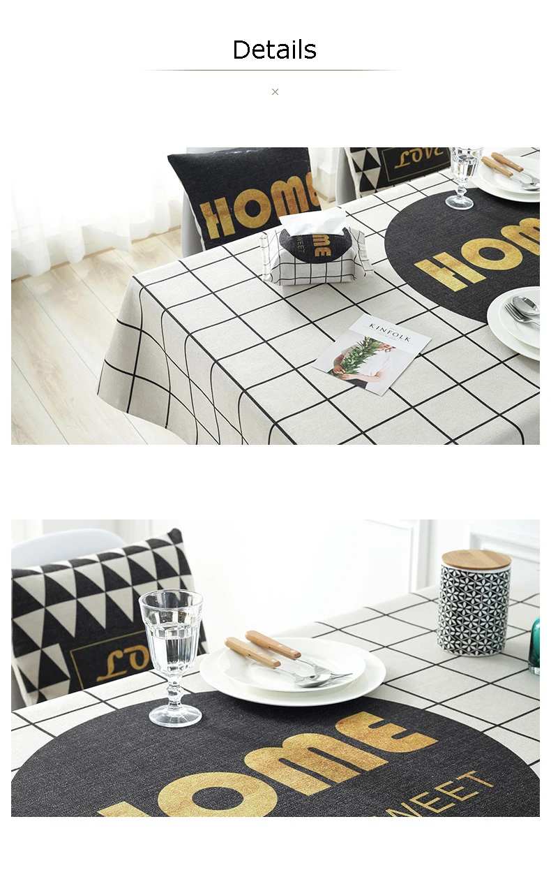 Simple eco Nordic black white plaid soft cotton and linen tablecloth