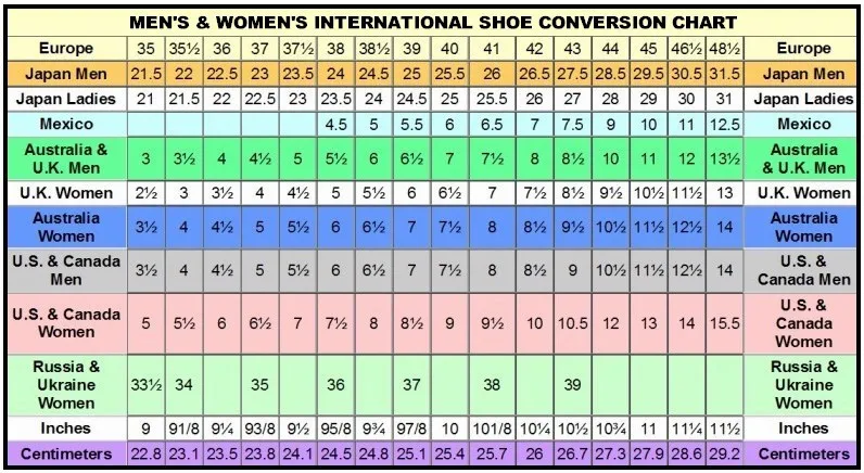 Mexico Size Chart Shoes