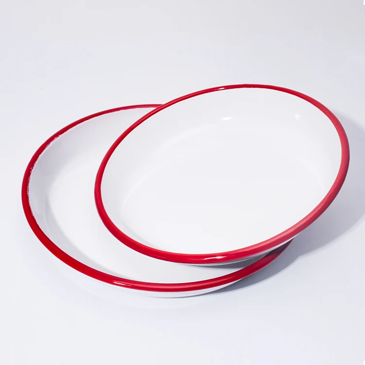 Outdoor Camping Enamelware Dinner Plate solid White With Blue Rim