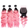 BOLIN Hair 1B/pink Natural Wave Brazilian Human Hair Bundles with Closure 4*4 Free Part Non Remy Hair Extensions