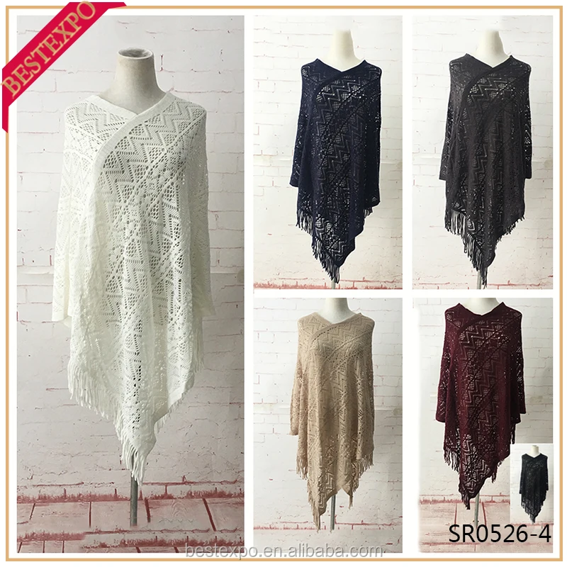 
wholesale latest design ladies lace fringe tops crochet trim mesh tassel cover up girls acrylic knit light weight poncho 