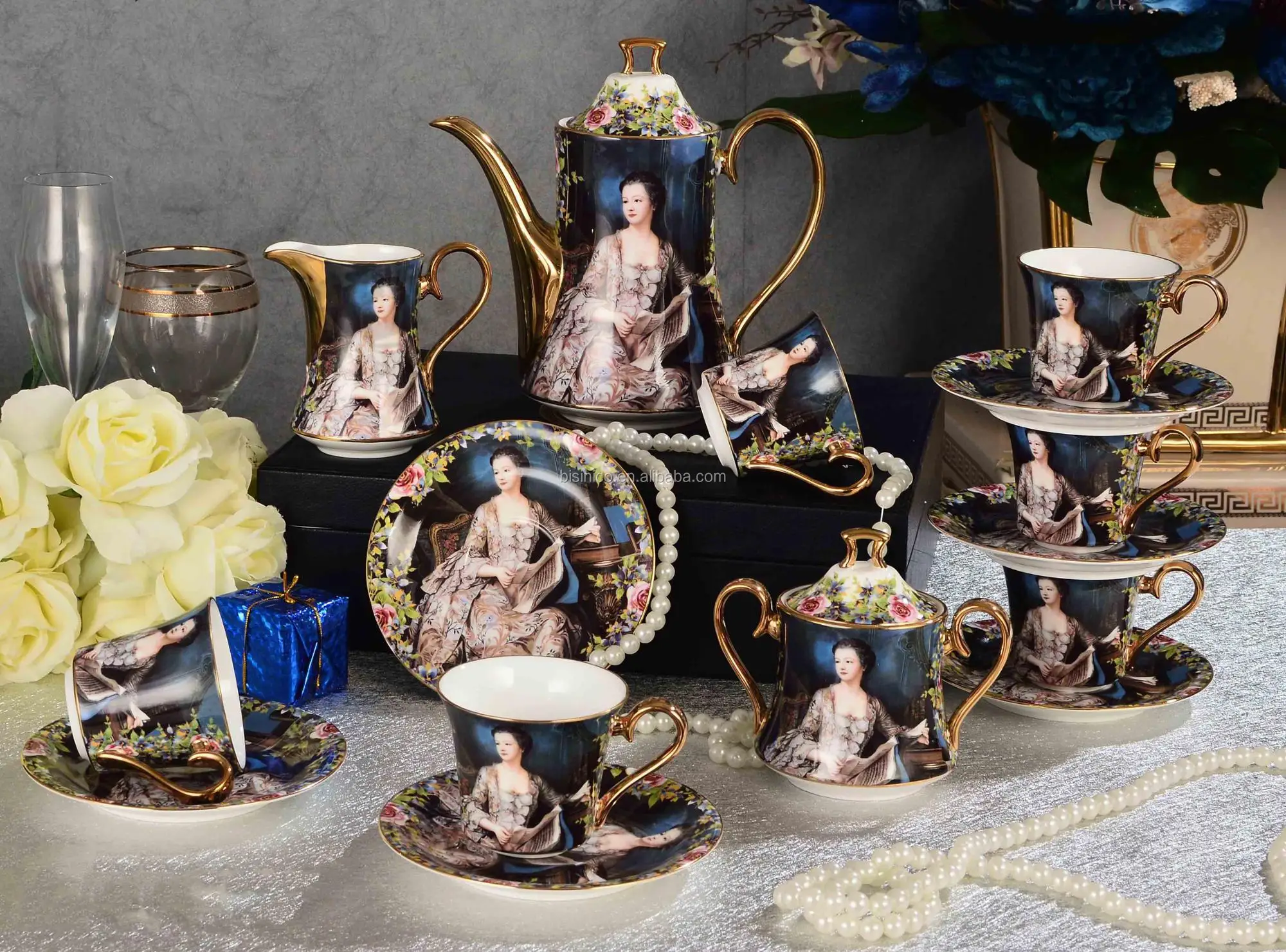 Bone China Tea Set With Teapot Porcelain In Black And Gold/ Luxury