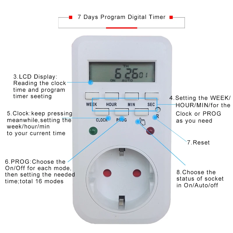 Digital Timer Switch Socket 250v 16a European Timer Plug - Buy Digital ...