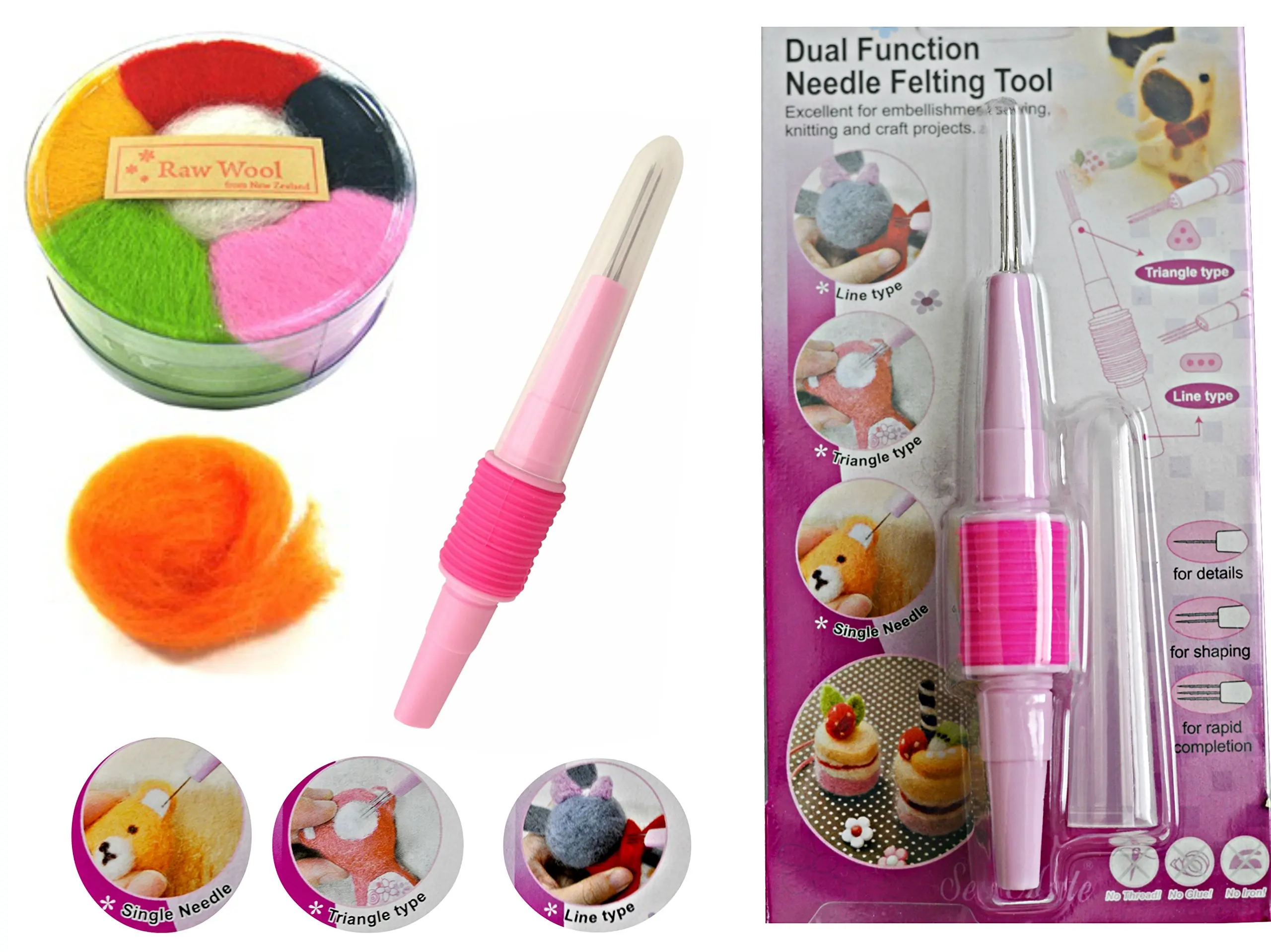 Needle Felting Kit w/ Raw Wool Fiber 100% from New Zealand - Pen Style Felt Needle Set w/ Ergonomic Handle for Safety & Comfort - Perfect for Small, Delicate, & 3D Projects Using 1, 2, & 3 Needles