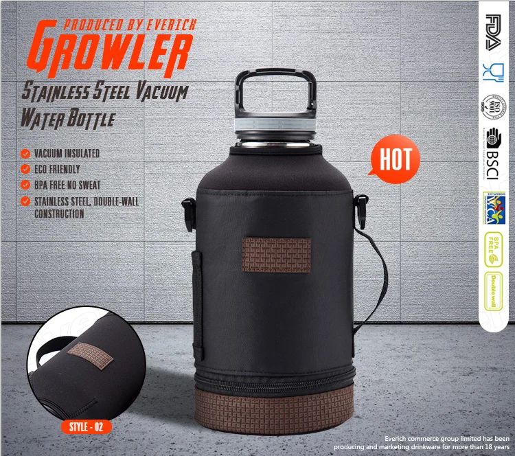 Wide Mouth Beer Growler 64oz Protective Carrier Tote Black Nylon