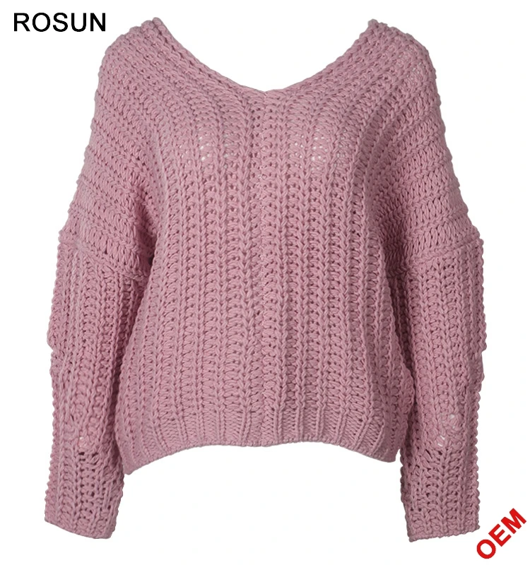 Factory Oem Women Double V-neck Pink Man Hand Chunky Knit Sweater - Buy ...