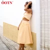 OOTN Elastic High Waist Female Gingham Two Piece Set Suits 2019 Summer 2 Piece Set Women Orange Plaid Ruched Crop Top And Skirt