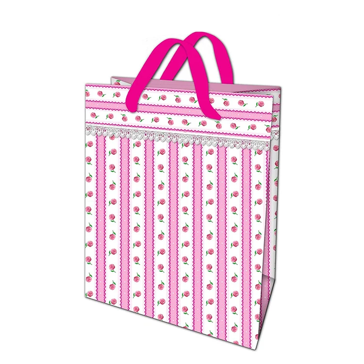 New Durable Lovely Printing Pink Elegant Shopping Paper Gift Bag With Ribbon Handles