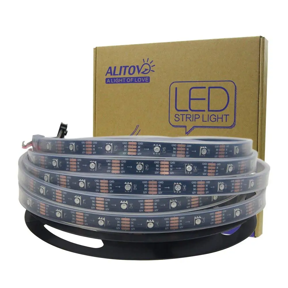 ALITOVE 16.4ft 12V WS2812B Individually Addressable Programmable LED Strip Light, AL2815 Dream Color RGB LED Pixels Light Strip Black PCB, 5m 150 LEDs Waterproof IP67, Upgraded Version of WS2813