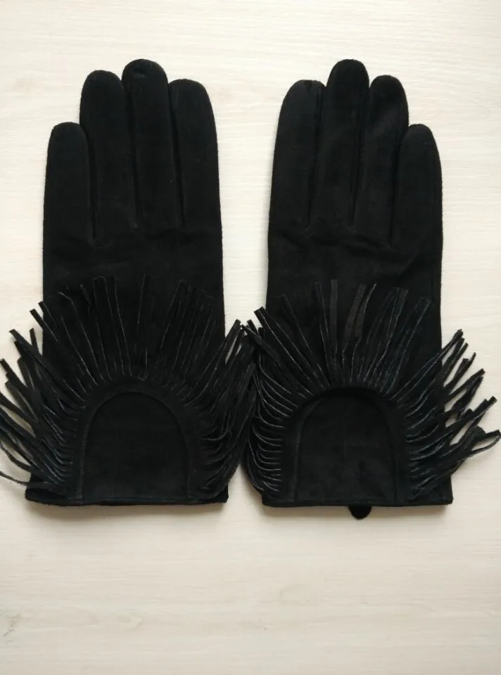 women fashion fringed sheep suede leather gloves with tassel