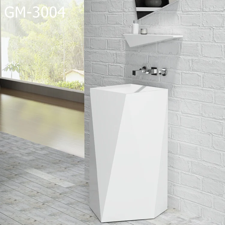 GM-3004 white shine diamond  pedestal hand basin  solid surface artificial stone freestanding resin wash basin