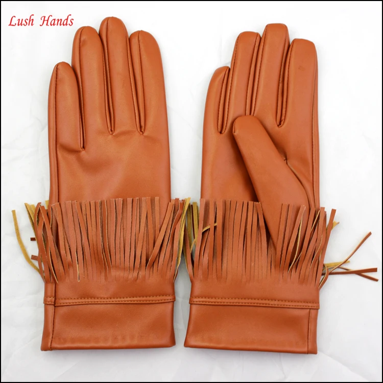 Ladies fashion sexy cheap camel gloves PU glove with tassels