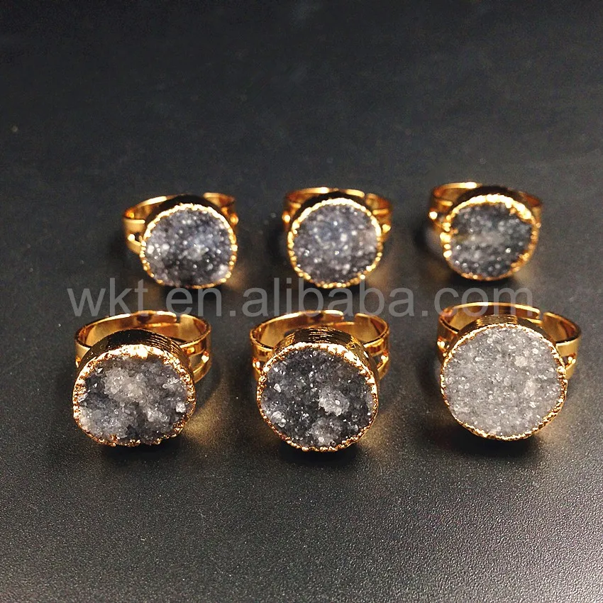 WT-R246 Newest Natural grey druzy quartz ring 24k gold plated adjustable size grey druzy ring